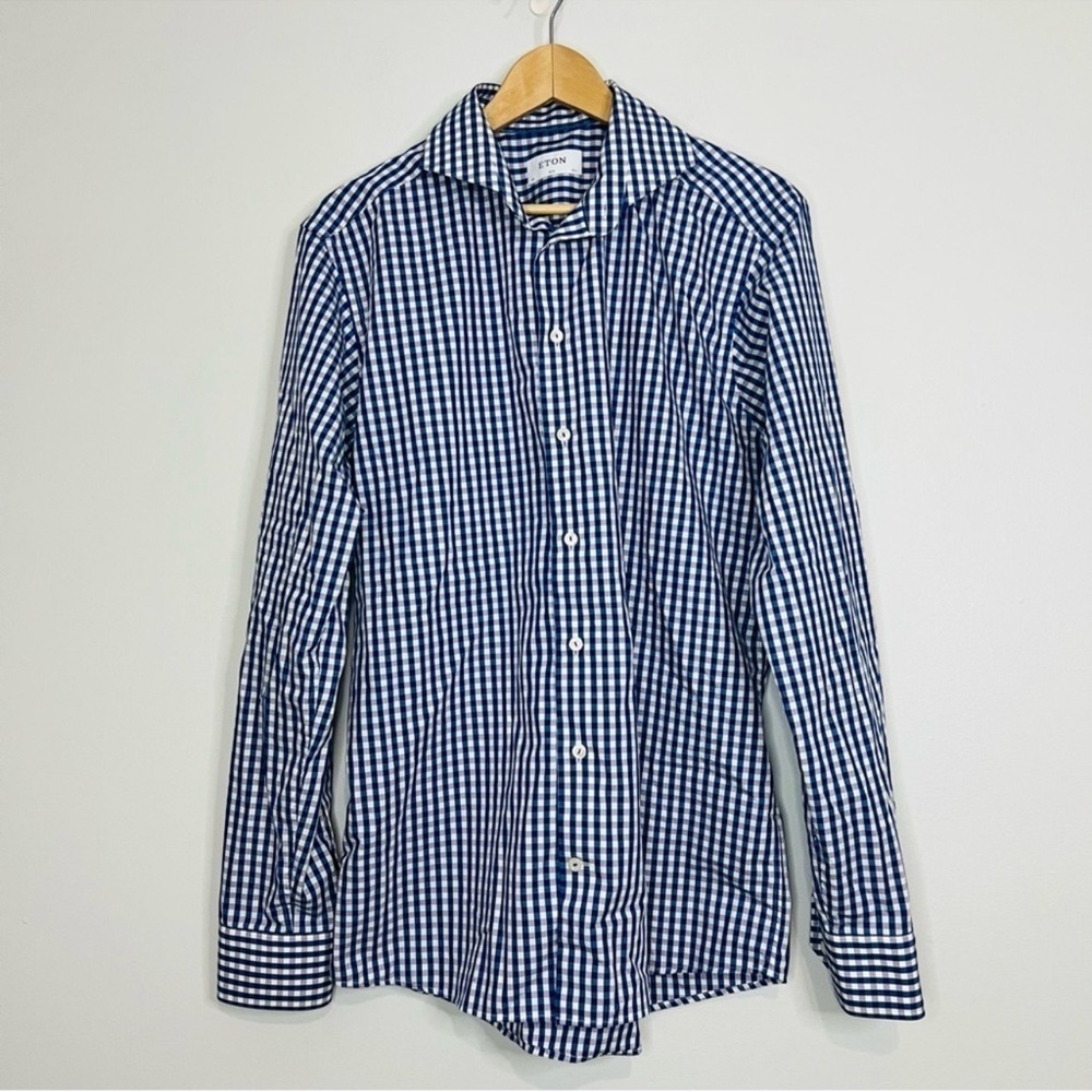 Eton Blue/White Plaid Contemporary Slim Poplin Dress Shirt 42 | 16.5